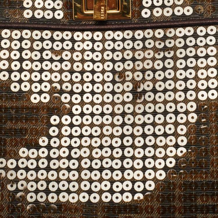 Pre Owned Fendi Tobacco Zucca Canvas and Sequins Petite Peekaboo ISeeU Top Handle Bag