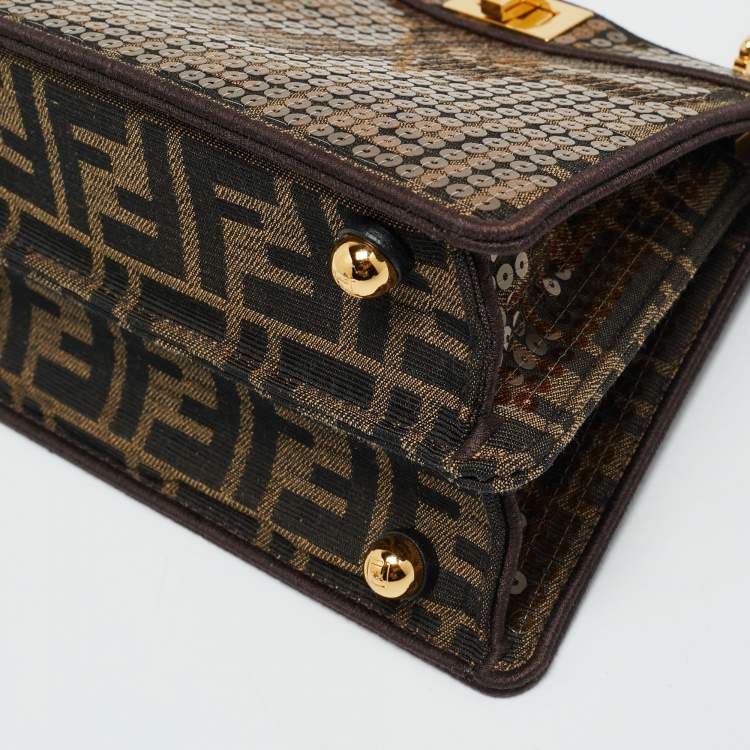 Pre Owned Fendi Tobacco Zucca Canvas and Sequins Petite Peekaboo ISeeU Top Handle Bag