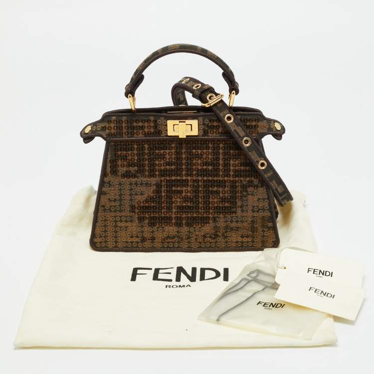 Pre Owned Fendi Tobacco Zucca Canvas and Sequins Petite Peekaboo ISeeU Top Handle Bag