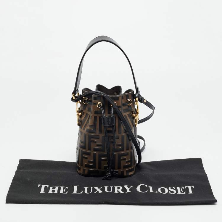 Pre Owned Fendi Brown/Black Zucca Leather Mini Mon Tresor Drawstring Bucket Bag