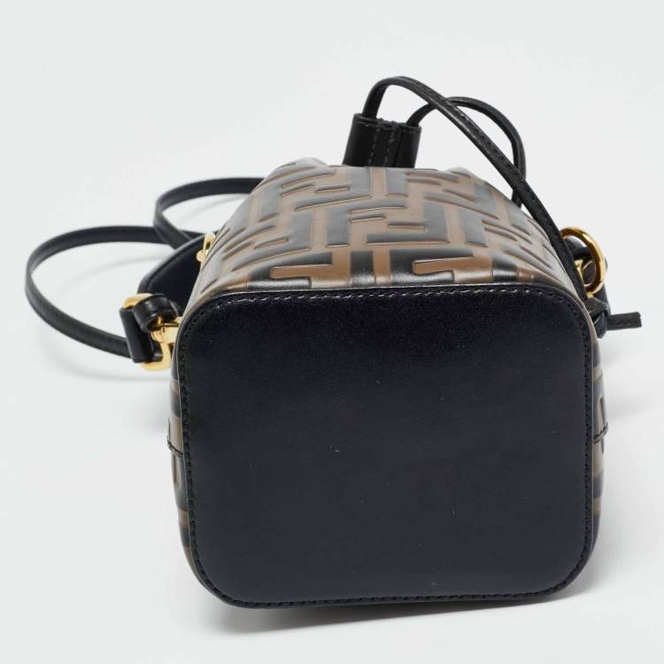 Pre Owned Fendi Brown/Black Zucca Leather Mini Mon Tresor Drawstring Bucket Bag