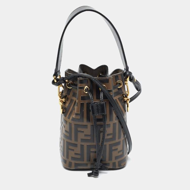 Pre Owned Fendi Brown/Black Zucca Leather Mini Mon Tresor Drawstring Bucket Bag