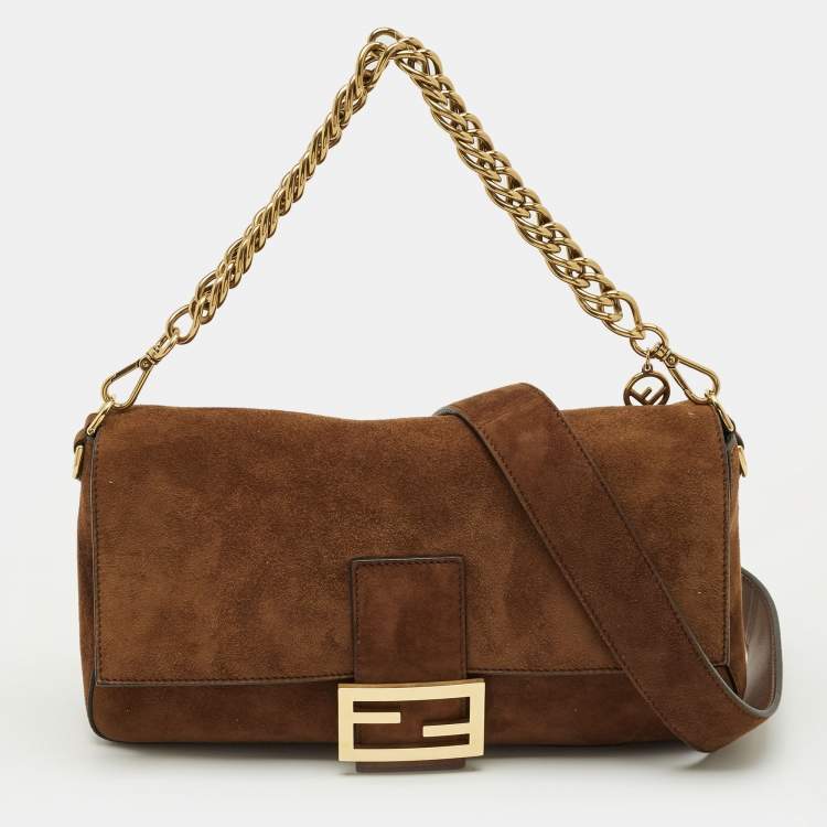 Pre Owned Fendi Brown Suede Large Baguette Bag