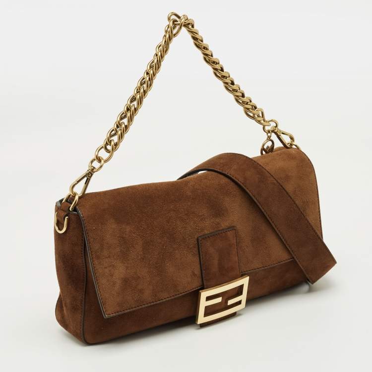 Pre Owned Fendi Brown Suede Large Baguette Bag