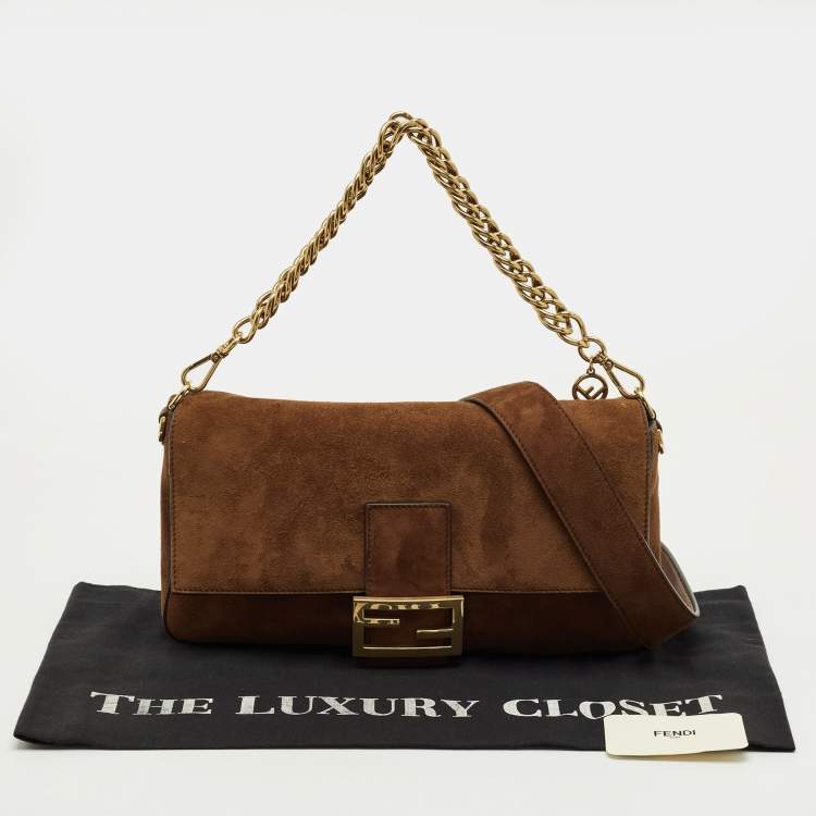 Pre Owned Fendi Brown Suede Large Baguette Bag