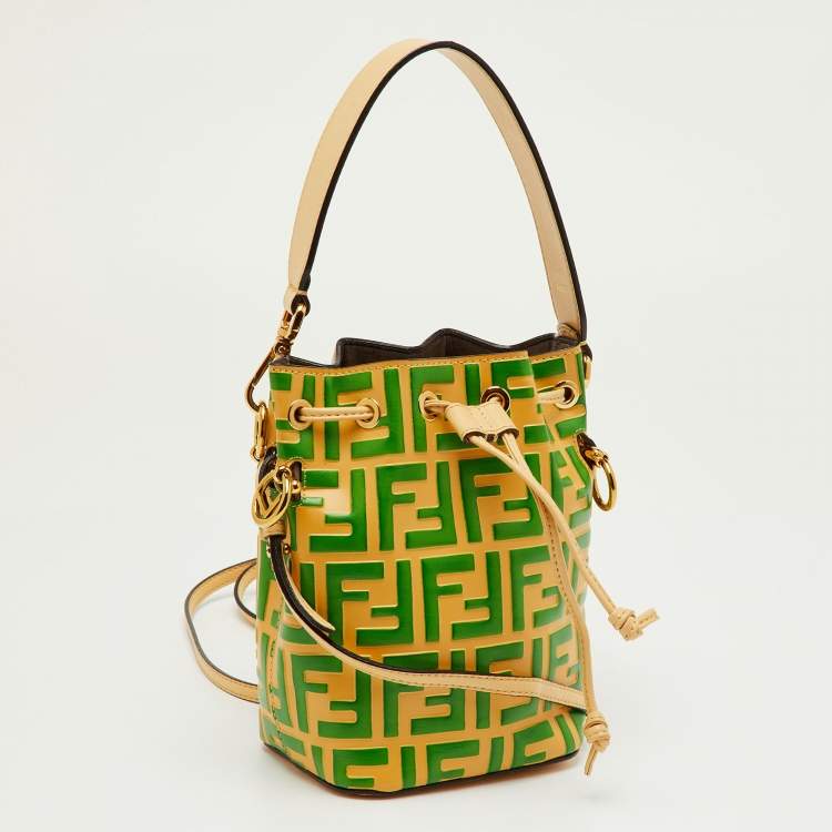 Pre Owned Fendi Cream/Green Zucca Embossed Leather Mini Mon Tresor Bucket Bag