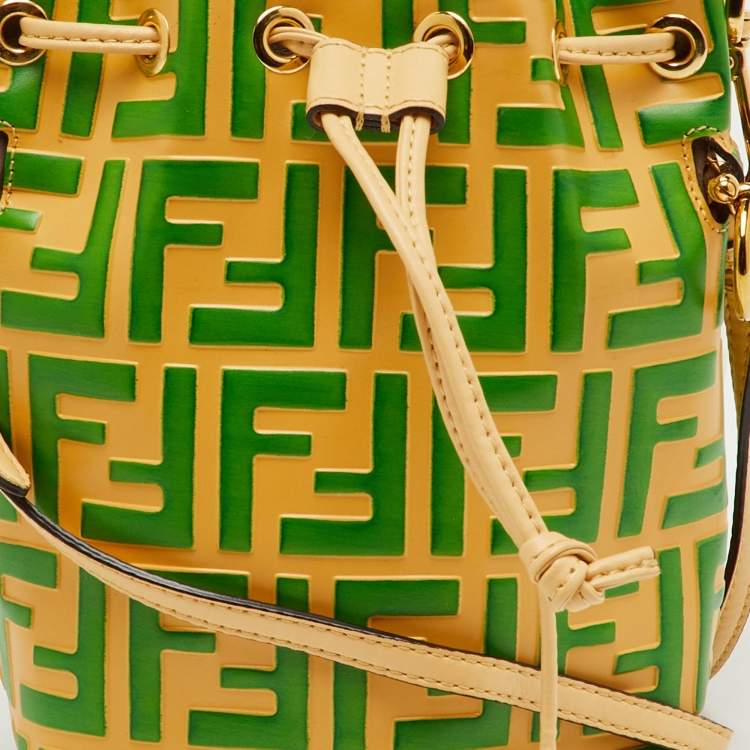 Pre Owned Fendi Cream/Green Zucca Embossed Leather Mini Mon Tresor Bucket Bag