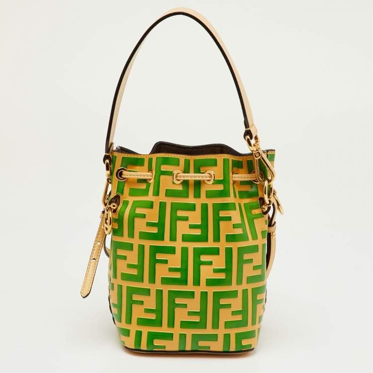 Pre Owned Fendi Cream/Green Zucca Embossed Leather Mini Mon Tresor Bucket Bag