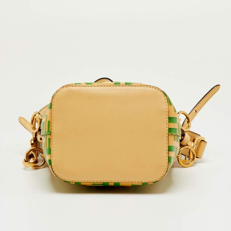 Pre Owned Fendi Cream/Green Zucca Embossed Leather Mini Mon Tresor Bucket Bag