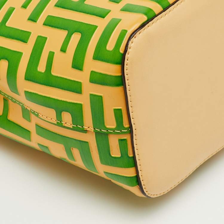 Pre Owned Fendi Cream/Green Zucca Embossed Leather Mini Mon Tresor Bucket Bag