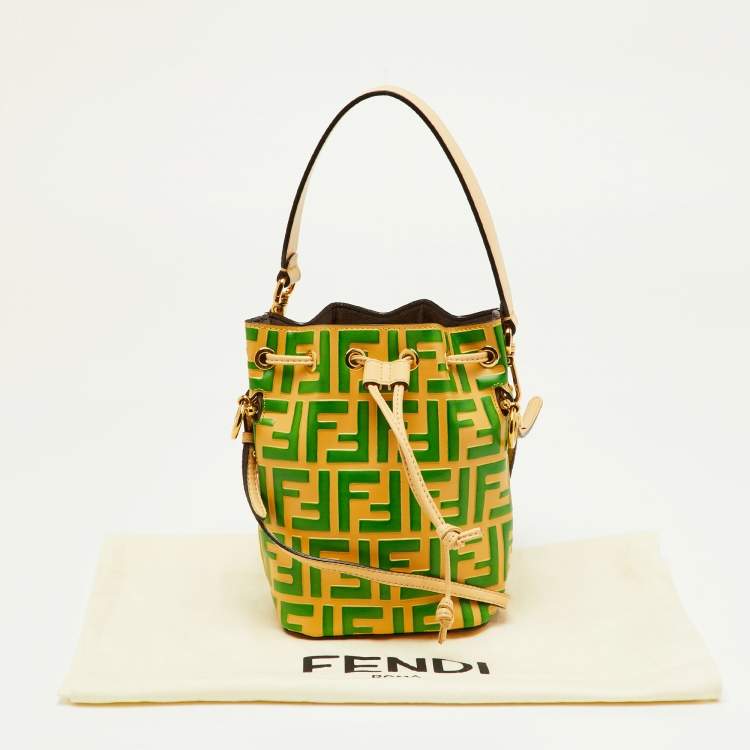 Pre Owned Fendi Cream/Green Zucca Embossed Leather Mini Mon Tresor Bucket Bag