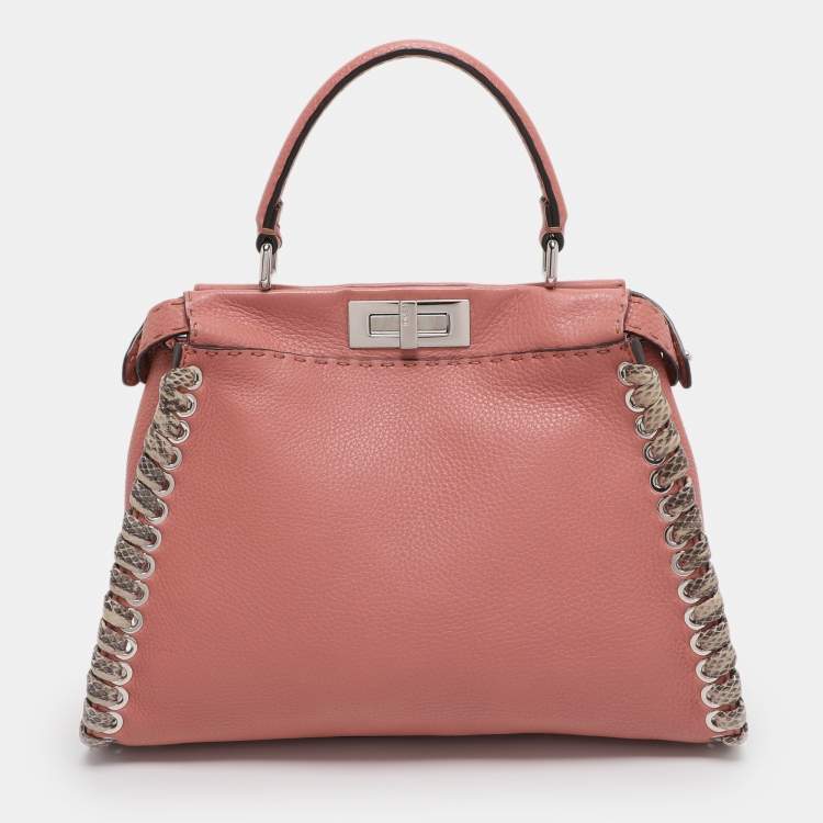 Pre Owned Fendi Whipstitch Peekaboo Regular Old Rose Leather Top Handle Bag