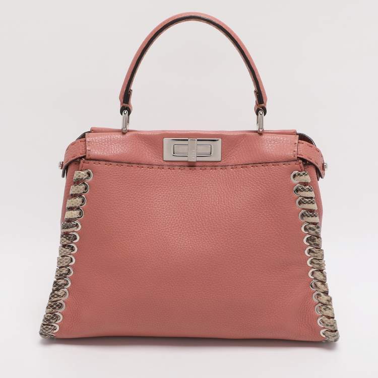 Pre Owned Fendi Whipstitch Peekaboo Regular Old Rose Leather Top Handle Bag