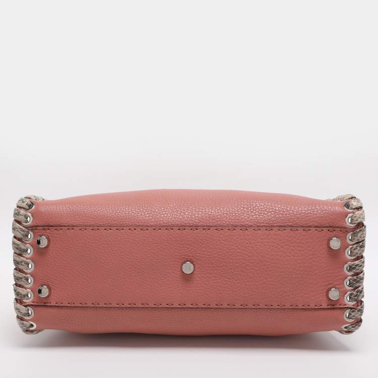 Pre Owned Fendi Whipstitch Peekaboo Regular Old Rose Leather Top Handle Bag