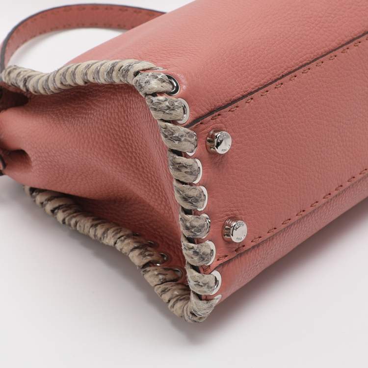 Pre Owned Fendi Whipstitch Peekaboo Regular Old Rose Leather Top Handle Bag