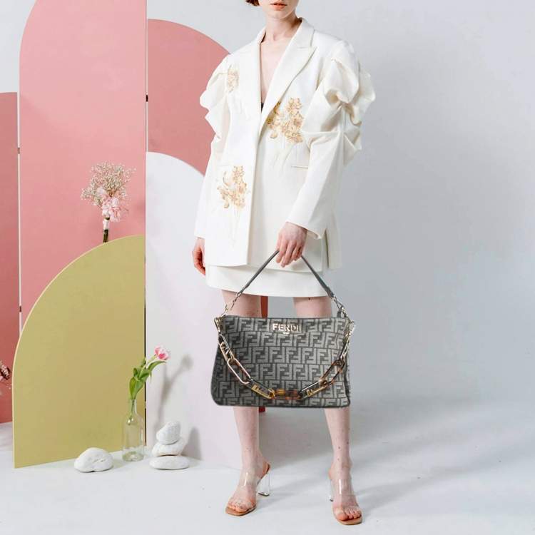 Pre Owned Fendi O'Lock Grey FF Fabric Top Handle Bag