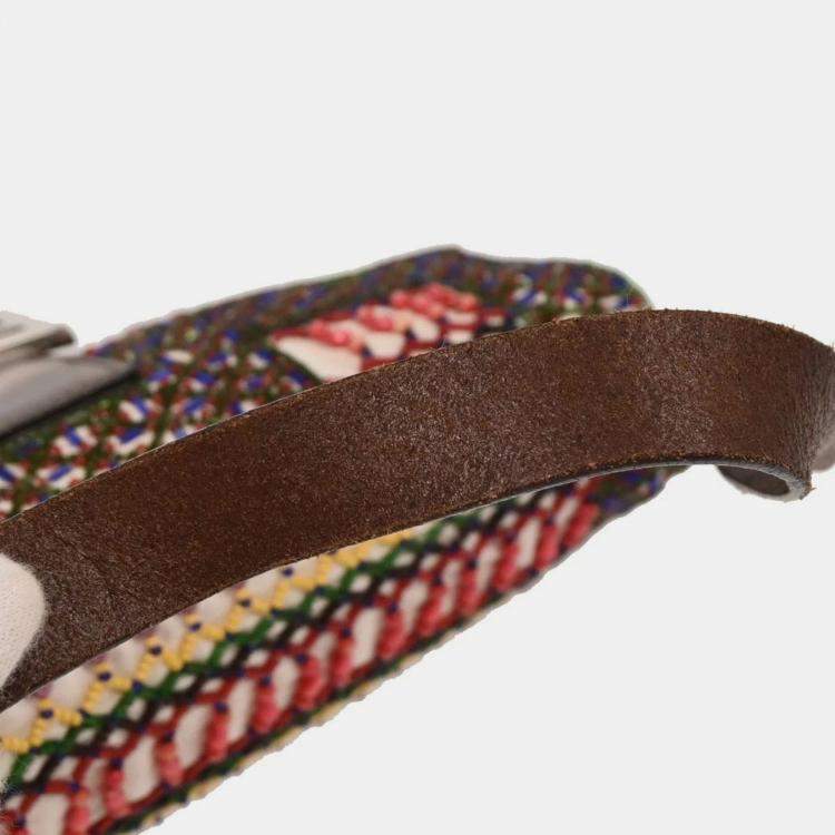 Pre Owned Fendi White Brown Canvas Beads Baguette Handbag