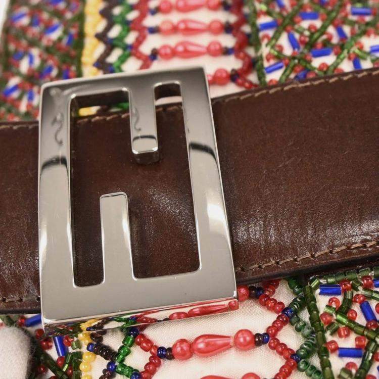 Pre Owned Fendi White Brown Canvas Beads Baguette Handbag