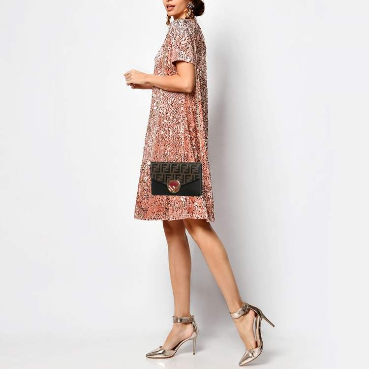 Pre Owned Fendi F is Fendi Medium Brown/Black FF Leather Wallet On Chain