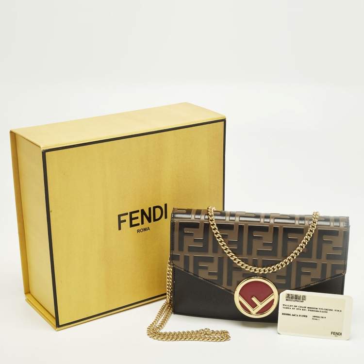 Pre Owned Fendi F is Fendi Medium Brown/Black FF Leather Wallet On Chain