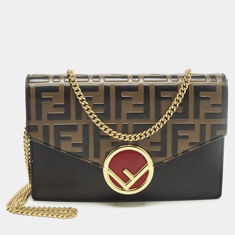 Pre Owned Fendi F is Fendi Medium Brown/Black FF Leather Wallet On Chain