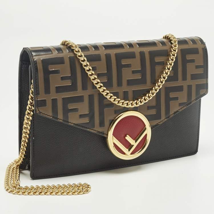 Pre Owned Fendi F is Fendi Medium Brown/Black FF Leather Wallet On Chain