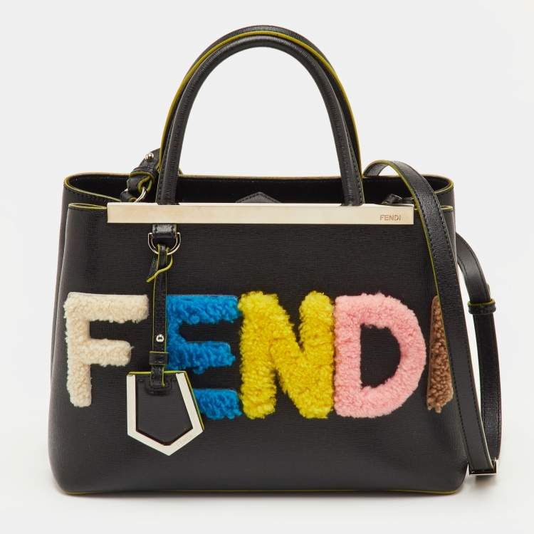 Pre Owned Fendi 2Jours Black Leather and Shearling Tote