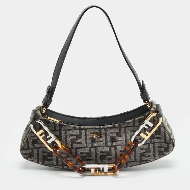 Pre Owned Fendi Swing O'Lock Grey/Black Zucca Velvet and Leather Hobo