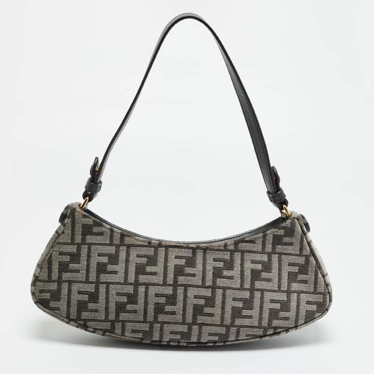 Pre Owned Fendi Swing O'Lock Grey/Black Zucca Velvet and Leather Hobo