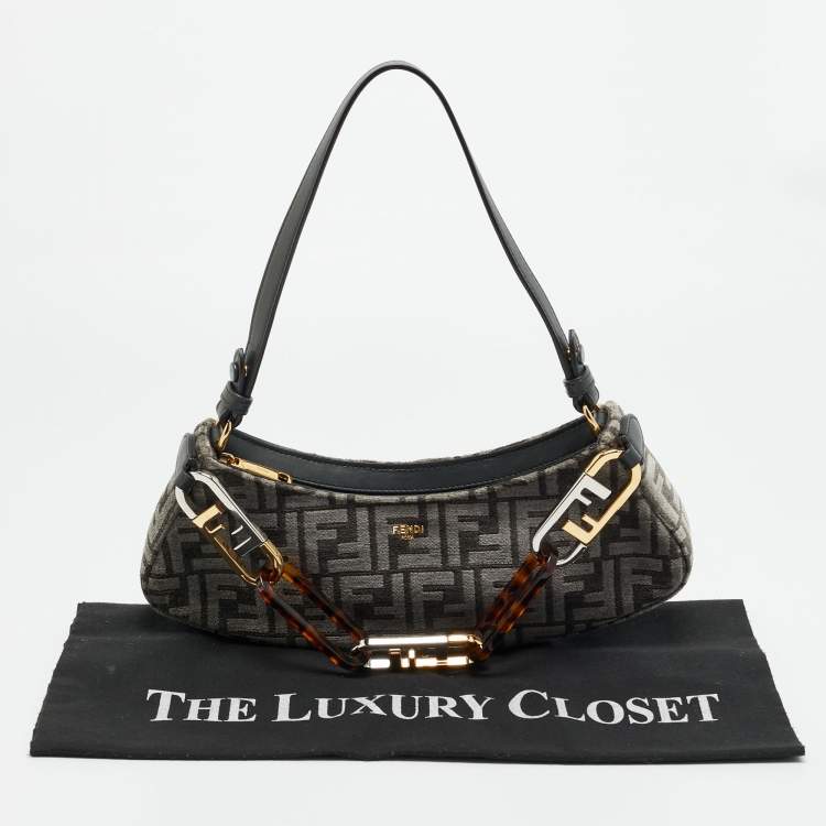 Pre Owned Fendi Swing O'Lock Grey/Black Zucca Velvet and Leather Hobo