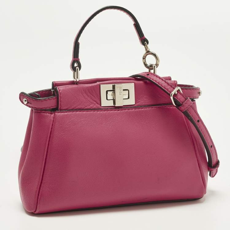 Pre Owned Fendi Peekaboo Micro Fuchsia Leather Crossbody Bag