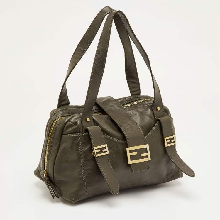 Pre Owned Fendi Olive Green Leather Zip Satchel