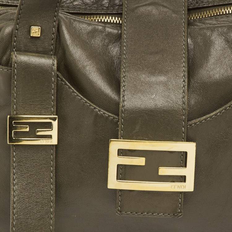 Pre Owned Fendi Olive Green Leather Zip Satchel