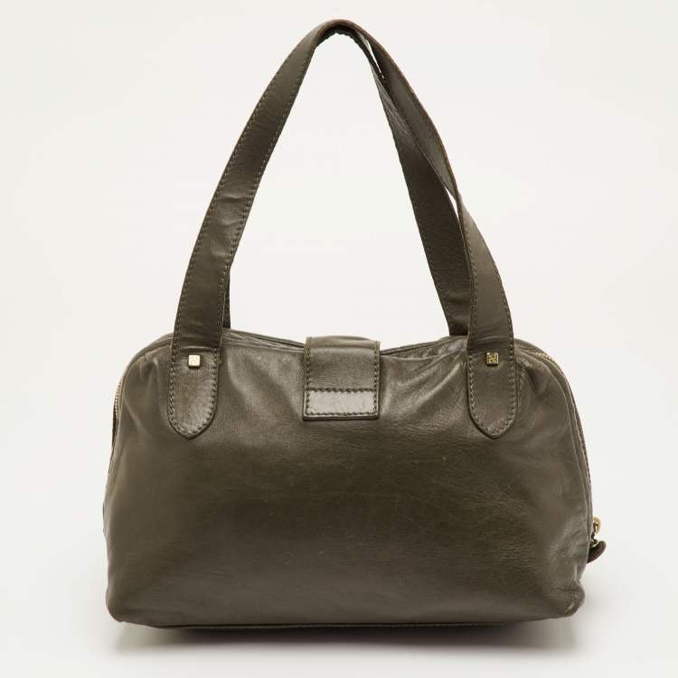 Pre Owned Fendi Olive Green Leather Zip Satchel