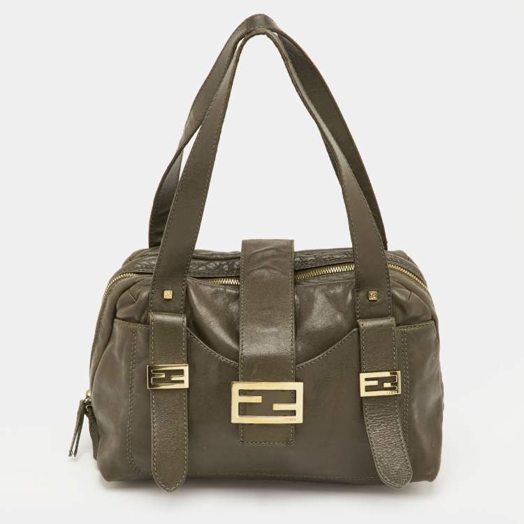 Pre Owned Fendi Olive Green Leather Zip Satchel