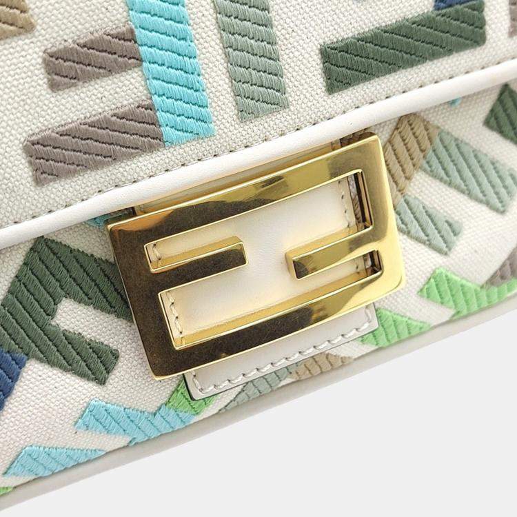 Pre Owned Fendi Cream Multicolor Fabric Baguette Bag