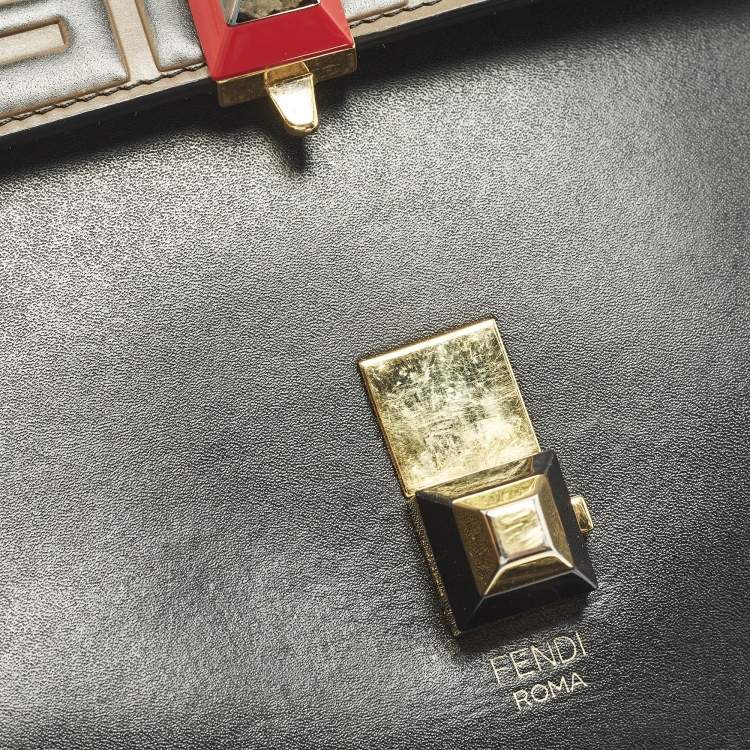 Pre Owned Fendi Kan I Medium Black/Brown FF Leather Top Handle Bag