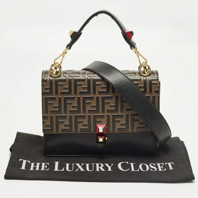 Pre Owned Fendi Kan I Medium Black/Brown FF Leather Top Handle Bag
