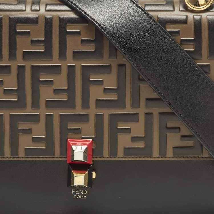 Pre Owned Fendi Kan I Medium Black/Brown FF Leather Top Handle Bag
