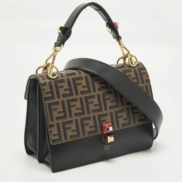 Pre Owned Fendi Kan I Medium Black/Brown FF Leather Top Handle Bag