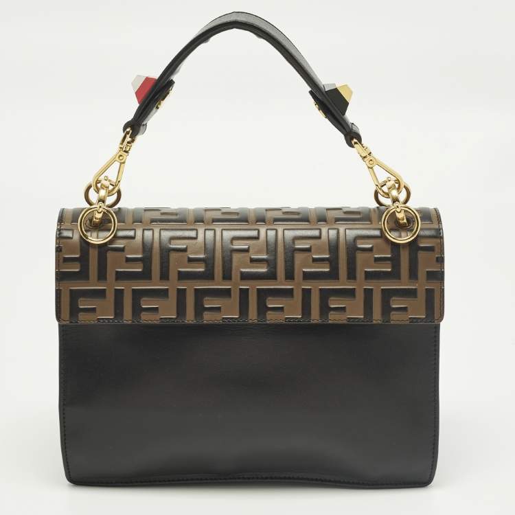 Pre Owned Fendi Kan I Medium Black/Brown FF Leather Top Handle Bag