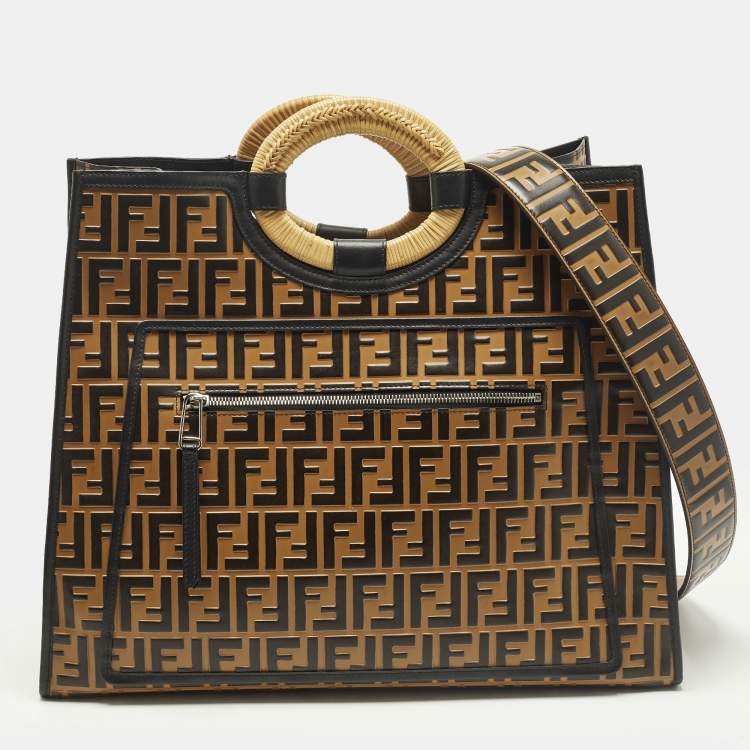 Pre Owned Fendi Runaway Large Black/Brown Zucca Leather and Raffia Shopper Tote