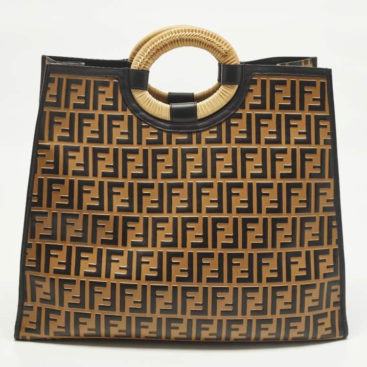 Pre Owned Fendi Runaway Large Black/Brown Zucca Leather and Raffia Shopper Tote
