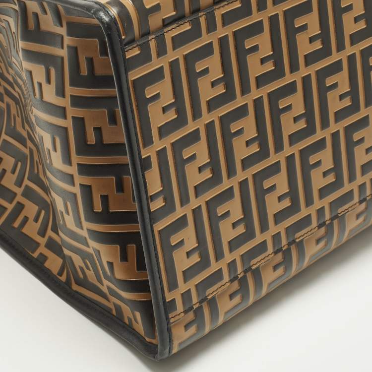 Pre Owned Fendi Runaway Large Black/Brown Zucca Leather and Raffia Shopper Tote