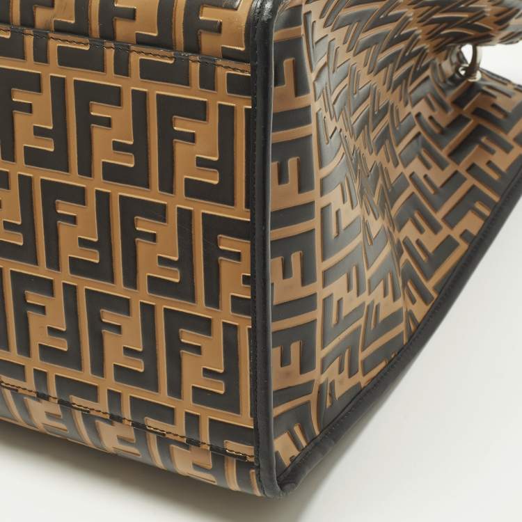 Pre Owned Fendi Runaway Large Black/Brown Zucca Leather and Raffia Shopper Tote