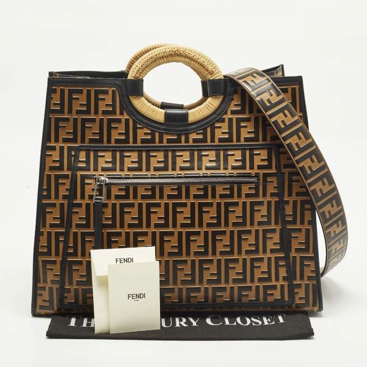 Pre Owned Fendi Runaway Large Black/Brown Zucca Leather and Raffia Shopper Tote