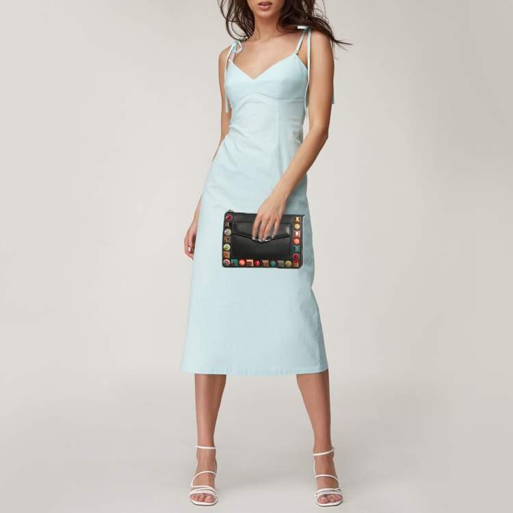 Pre Owned Fendi Rainbow Studded Black Leather Crossbody Bag