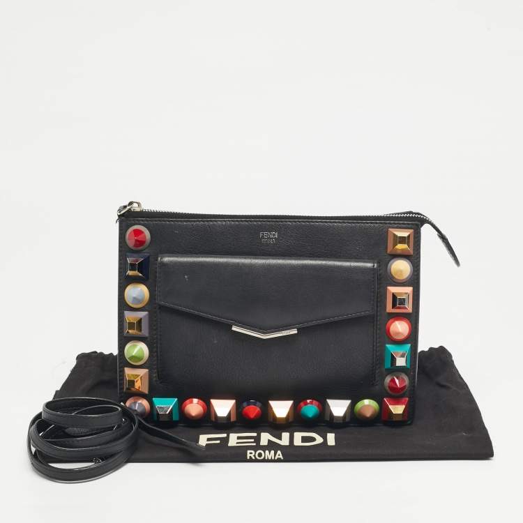 Pre Owned Fendi Rainbow Studded Black Leather Crossbody Bag
