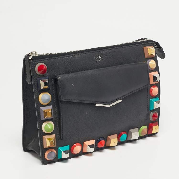 Pre Owned Fendi Rainbow Studded Black Leather Crossbody Bag