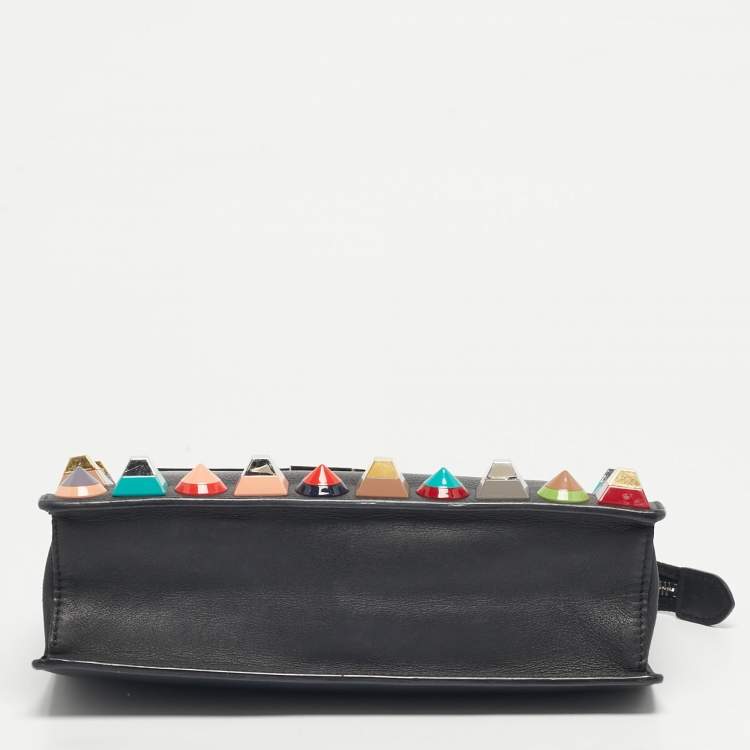 Pre Owned Fendi Rainbow Studded Black Leather Crossbody Bag